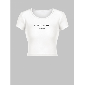 Fashion Women Tees Letter C'EST LA VIE PARIS Graphic Printed Crop Baby Tee S White