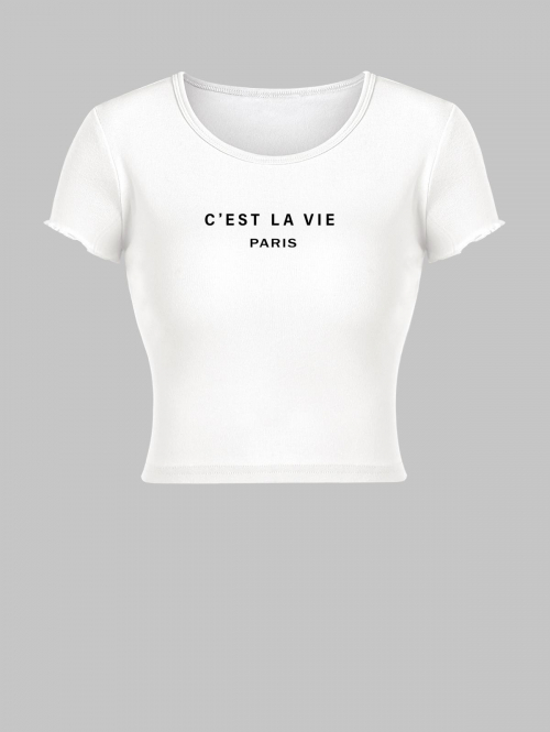 Fashion Women Tees Letter C'EST LA VIE PARIS Graphic Printed Crop Baby Tee S White