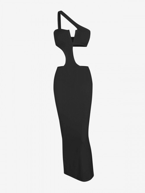 Maxi One Shoulder V Wired Cut Out Maxi Bodycon Vegas Dress M Black