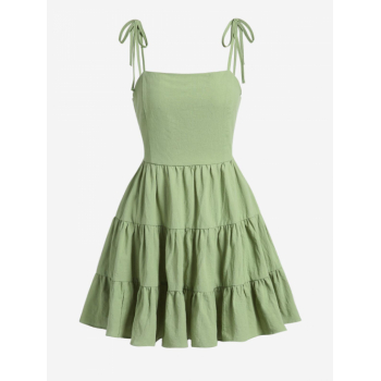 Casual Tie Shoulder Drawstring Cut Out Mini Tiered Dress S Green