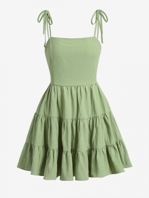 Casual Tie Shoulder Drawstring Cut Out Mini Tiered Dress S Green