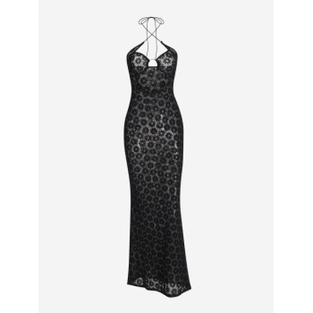 Bodycon Dress Sheer Mesh Floral Flocking Ring Linked Criss Cross Halter Maxi Vegas Dress L Black