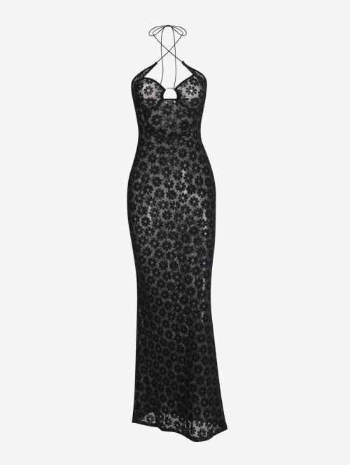 Bodycon Dress Sheer Mesh Floral Flocking Ring Linked Criss Cross Halter Maxi Vegas Dress L Black