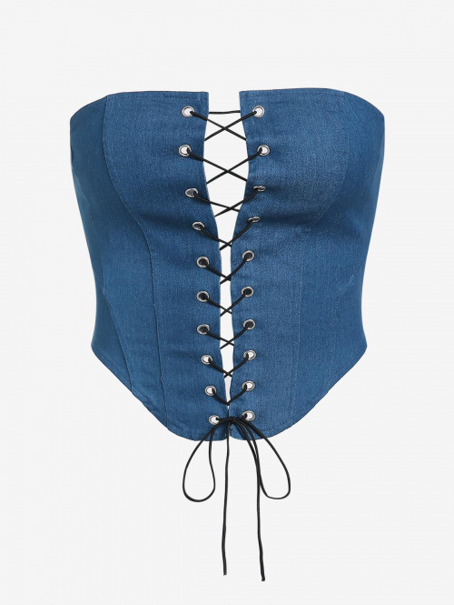 Women Tank Tops Lace Up Corset-style Denim Strapless Tube Top L Blue