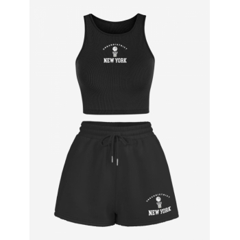 Ribbed Letter NEW YORK Graphic Crop Baby Tank Top and Sweat Shorts Set S Black