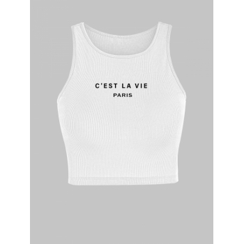 Women Tank Tops C'est la vie PARIS Ribbed Letter Graphic Printed Sporty Crop Baby Tank Top L White