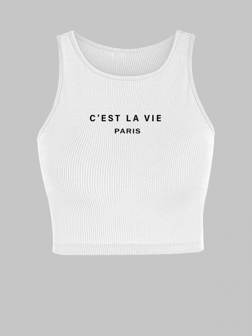 Women Tank Tops C'est la vie PARIS Ribbed Letter Graphic Printed Sporty Crop Baby Tank Top L White