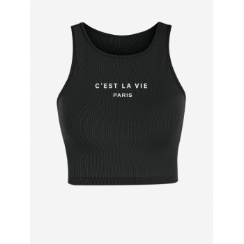 Women Tank Tops C'est la vie PARIS Ribbed Letter Graphic Printed Sporty Crop Baby Tank Top L Black