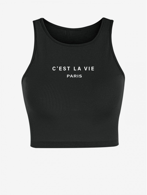 Women Tank Tops C'est la vie PARIS Ribbed Letter Graphic Printed Sporty Crop Baby Tank Top M Black