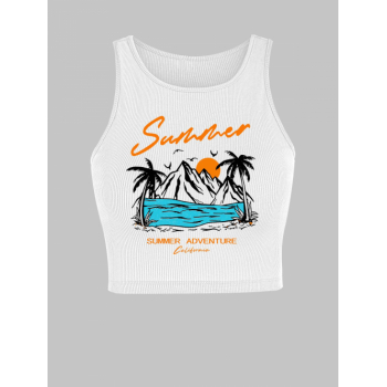 Women Tank Tops Ribbed Letter Palm Tree Vacation Graphic Printed Sporty Crop Baby Tank Top M White