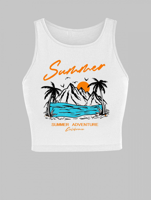 Women Tank Tops Ribbed Letter Palm Tree Vacation Graphic Printed Sporty Crop Baby Tank Top M White