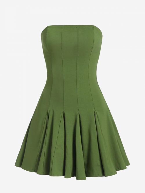 Casual Strapless Mini Godet Pleated Vegas Dress L Green