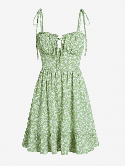 Mini Dress ZAFUL Cami Ditsy Floral Tie Shoulder Bustier Frilled Mini Dress L Light green