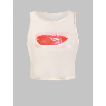 Women Tank Tops Lip Cherry Graphic Printed Sheer Mesh Layering Tank Top S Light coffee