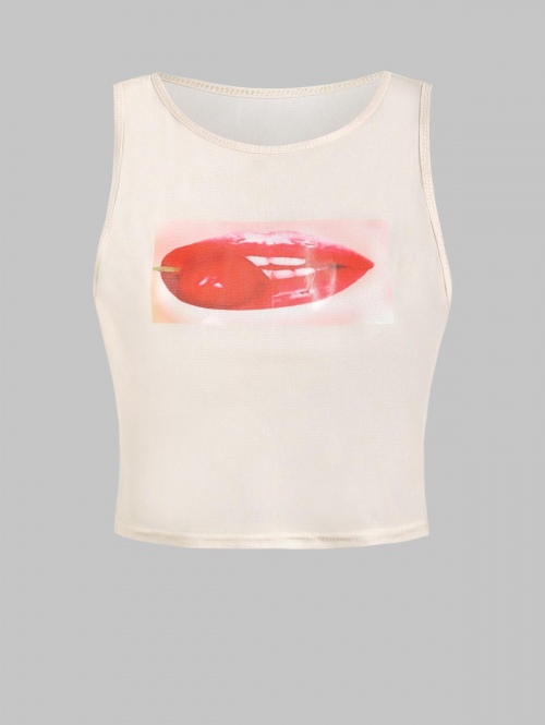 Women Tank Tops Lip Cherry Graphic Printed Sheer Mesh Layering Tank Top S Light coffee