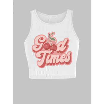 Women Tank Tops Ribbed Good Times Cherry Print Crop Tank Top L White