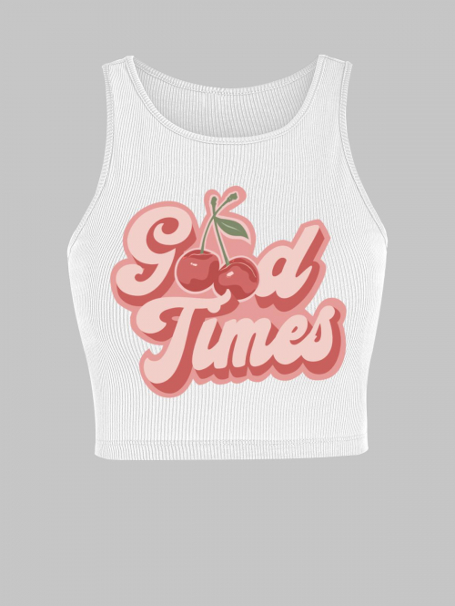 Women Tank Tops Ribbed Good Times Cherry Print Crop Tank Top L White