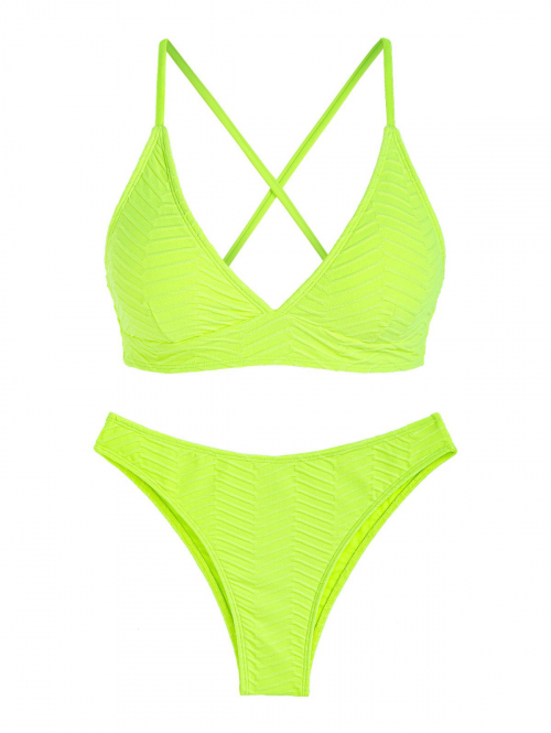 ZAFUL Lace Up Criss Cross Textured Bikini Swimwear S Yellow