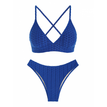 ZAFUL Lace Up Criss Cross Honeycomb Textured Bikini Swimwear S Blue