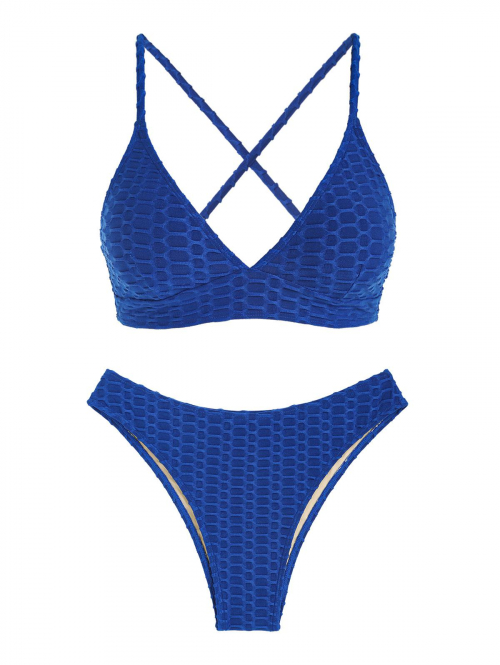 ZAFUL Lace Up Criss Cross Honeycomb Textured Bikini Swimwear S Blue