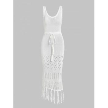 Mini Dress Crochet Knit Openwork Drawstring Tassels Beach Midi Dress S White