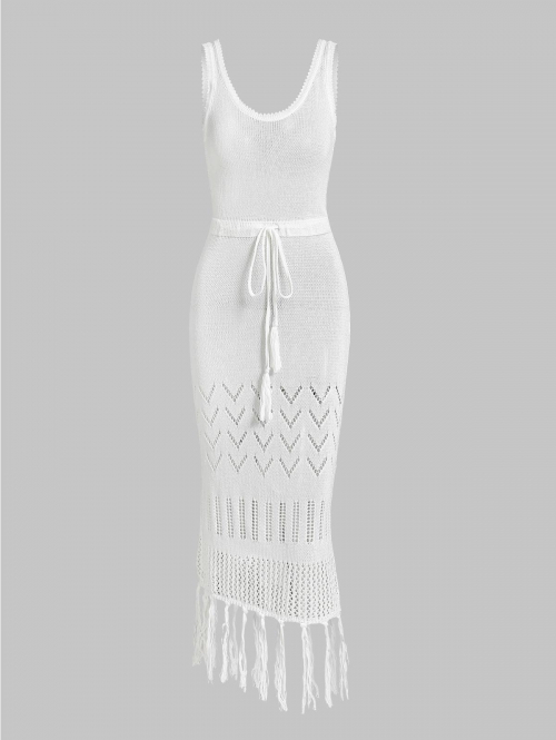 Mini Dress Crochet Knit Openwork Drawstring Tassels Beach Midi Dress S White