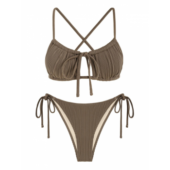 ZAFUL Tie Side Textured Criss Cross Cutout Bikini Swimwear S Coffee