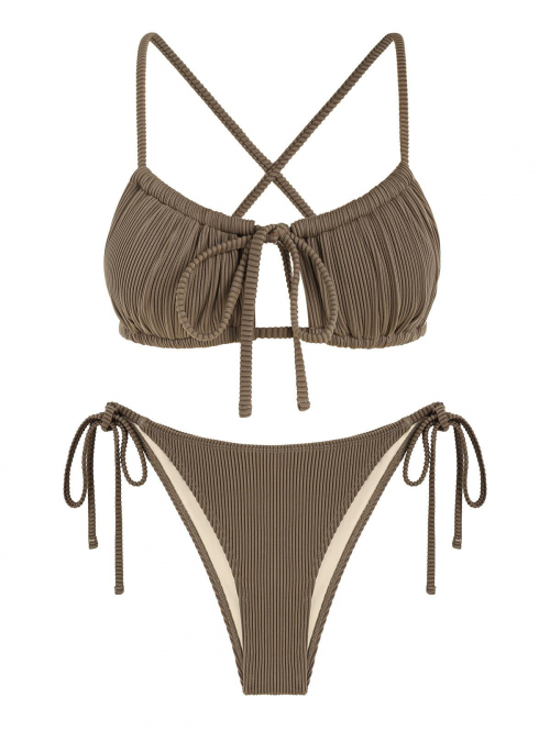 ZAFUL Tie Side Textured Criss Cross Cutout Bikini Swimwear S Coffee