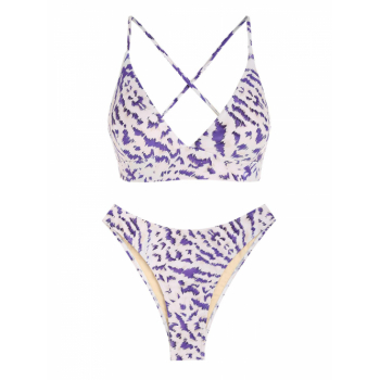 ZAFUL Animal Spotted Print Lace Up Cami Bikini Swimwear S Light purple