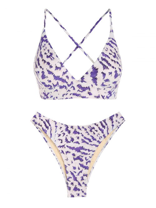 ZAFUL Animal Spotted Print Lace Up Cami Bikini Swimwear S Light purple