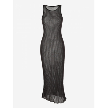 Mini Dress Ribbed Semi-sheer Slinky Tank Midi Vegas Dress M Black