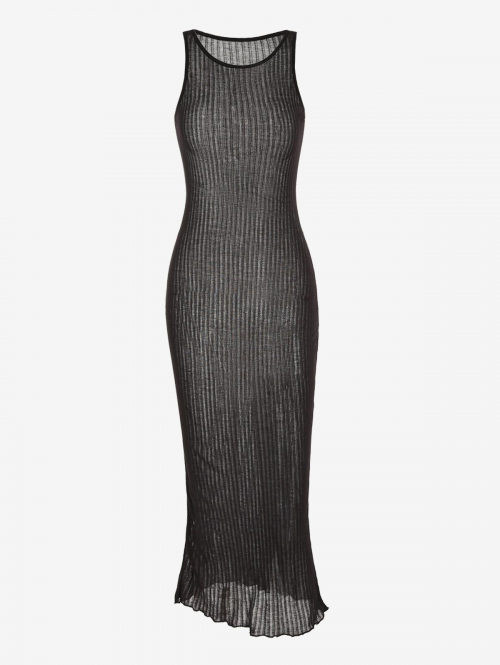 Mini Dress Ribbed Semi-sheer Slinky Tank Midi Vegas Dress M Black