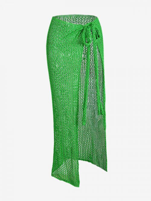 Crochet Knit Tie Side Sarong-style Beach Cover Up Skirt M Green