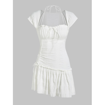 Casual Frilled Tie Halter Bustier Textured Milkmaid Mini Dress S White