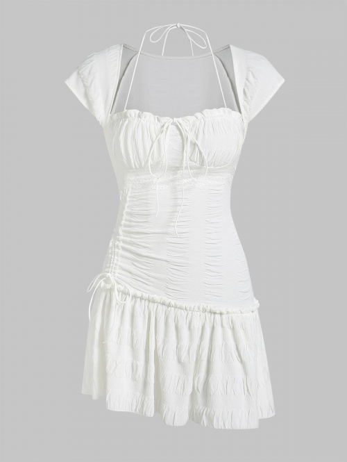 Casual Frilled Tie Halter Bustier Textured Milkmaid Mini Dress S White