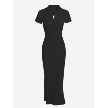 Bodycon Dress Ribbed V Notched Open Back Tie Thigh Split Midi Dress S Black