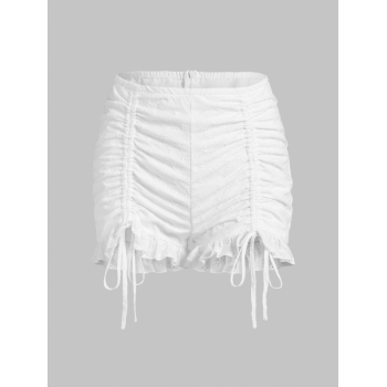 ZAFUL Ruffled Hem Cinched Ruched Front Eyelet Shorts M White