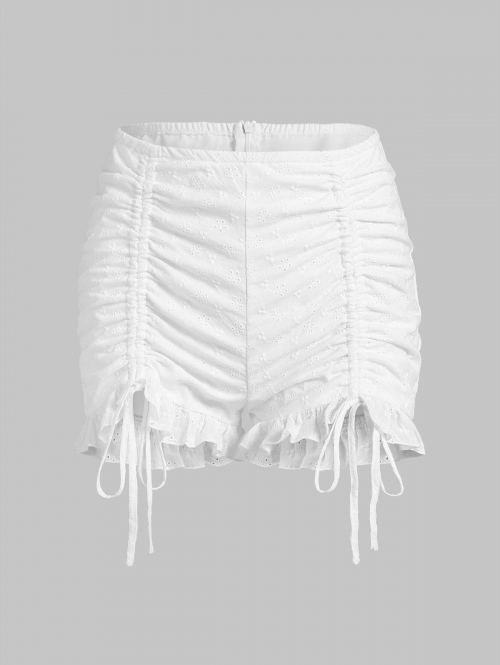 ZAFUL Ruffled Hem Cinched Ruched Front Eyelet Shorts M White