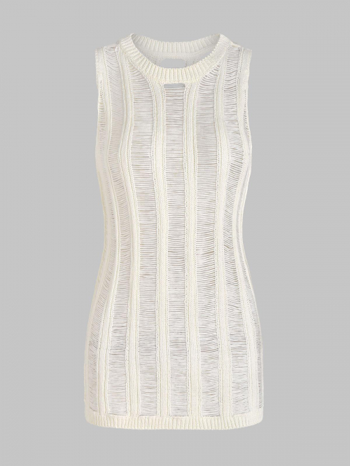 Bodycon Dress Distressed See Through Sleeveless Knitted Beach Vacation Mini Cover Up Dress M White