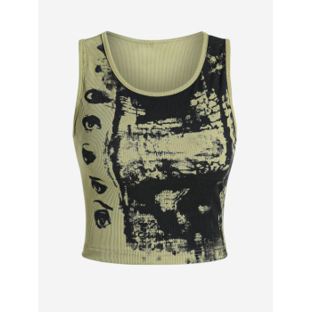 Women Tank Tops ZAFUL Ribbed Abstract Print Sleeveless T Shirt Slim Fit Crop Tank Top M Green