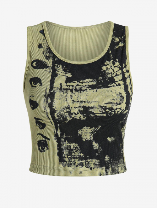 Women Tank Tops ZAFUL Ribbed Abstract Print Sleeveless T Shirt Slim Fit Crop Tank Top M Green