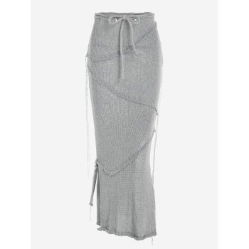 Solid Color Side Slit Knit Tie Front Skirt M Gray