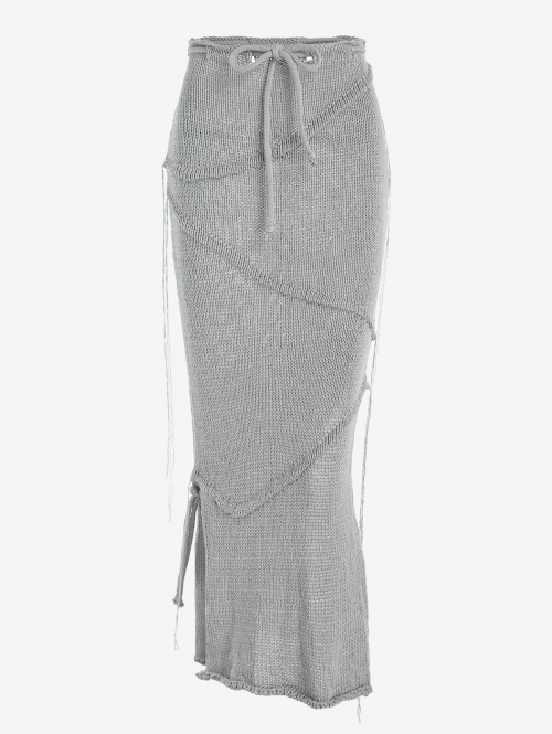 Solid Color Side Slit Knit Tie Front Skirt M Gray