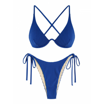 ZAFUL Tie Side Underwire Textured Monowire Bikini Swimwear M Blue