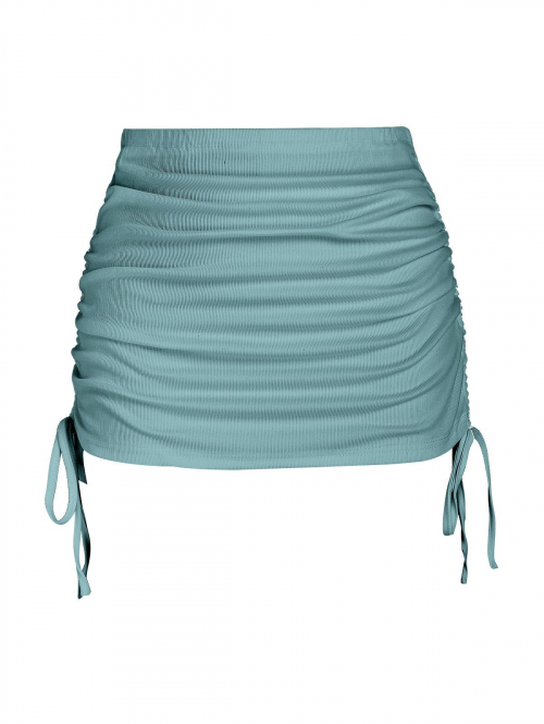 Women Beach Ribbed Cinched Side Mini Skirt Cyan opaque