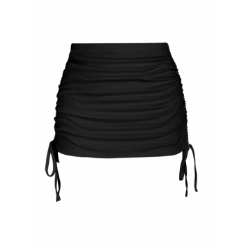 Women Beach Ribbed Cinched Side Mini Skirt Black