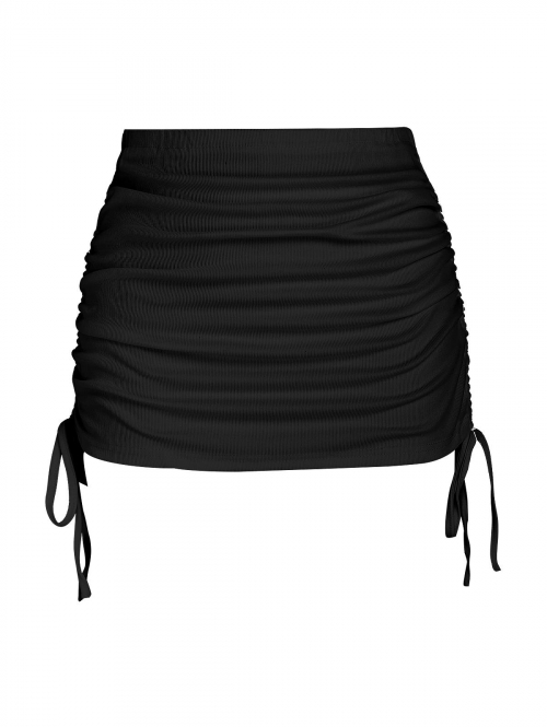 Women Beach Ribbed Cinched Side Mini Skirt Black