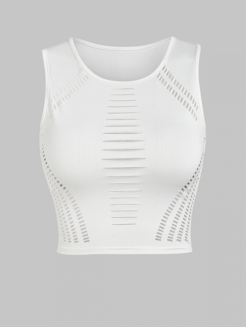 Women Tank Tops Laser Cut Out Sporty Crop Baby Tank Top M White