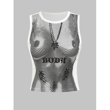 Women Tank Tops 3D Print Trompe l'oeil Sleeveless Cropped Tank Top S White