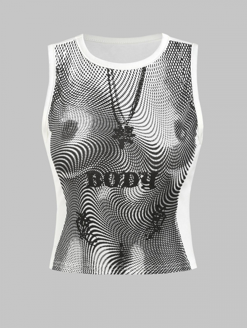 Women Tank Tops 3D Print Trompe l'oeil Sleeveless Cropped Tank Top S White